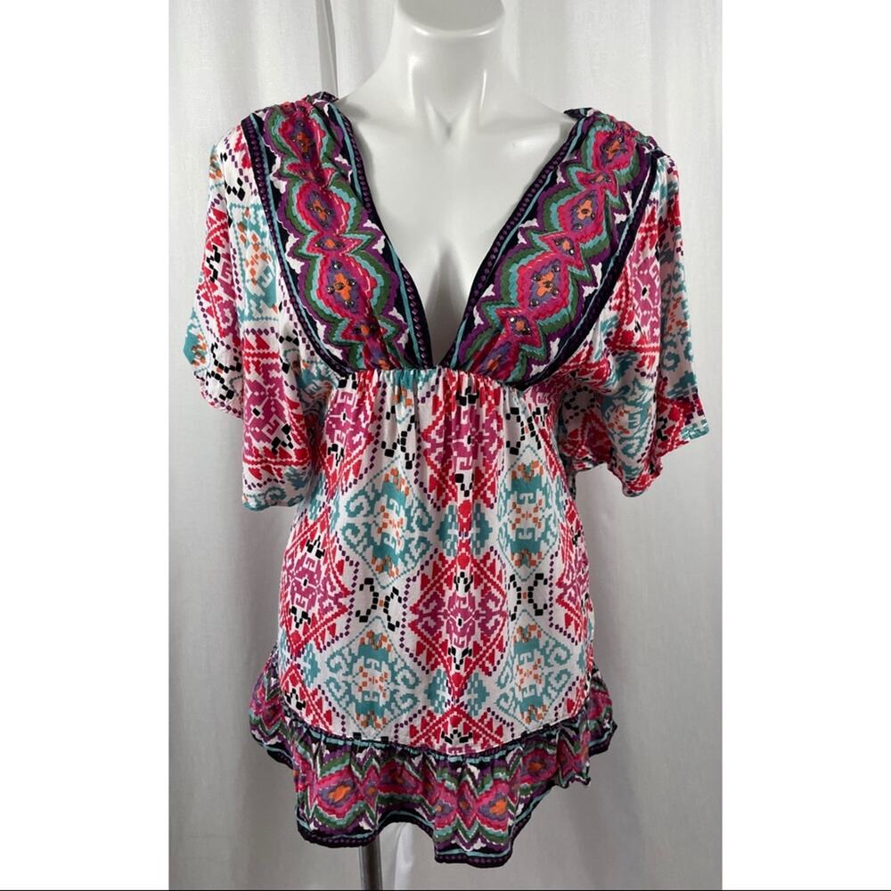 Angie Top Aztec Peasant V Neck V Back Boho Blouse Colorful Flowy